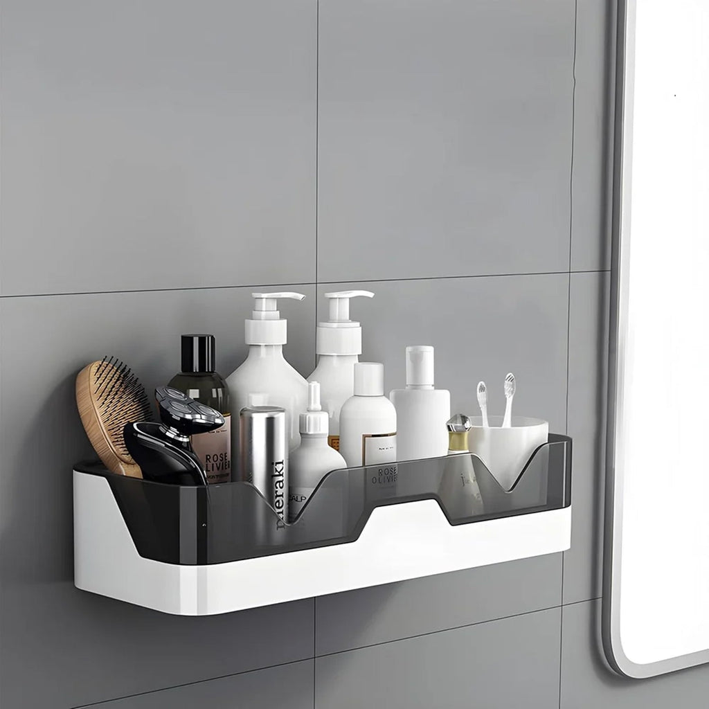 Overview of mounted plastic adhesive storage shelf on wall
