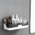 Overview of mounted plastic adhesive storage shelf on wall
