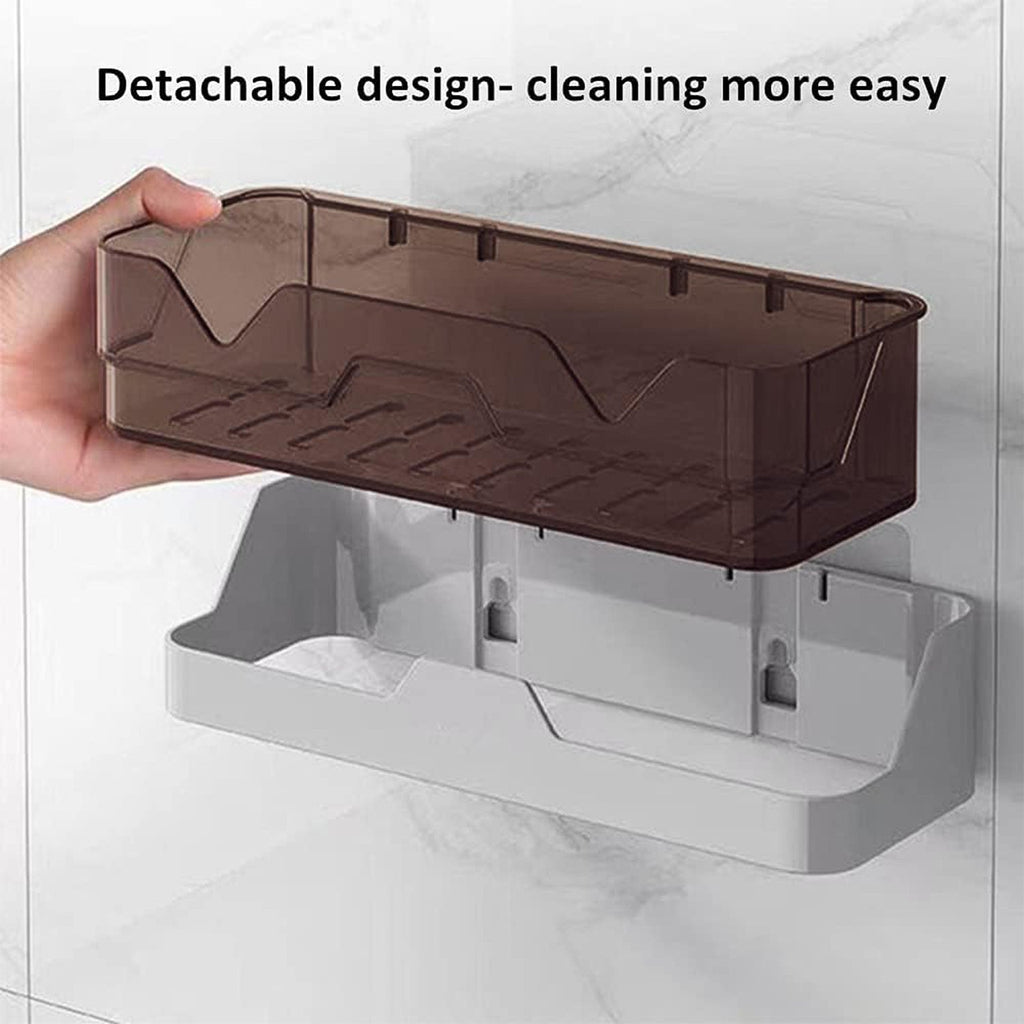 Storage shelf adhered to wall holding various items