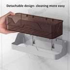 Storage shelf adhered to wall holding various items