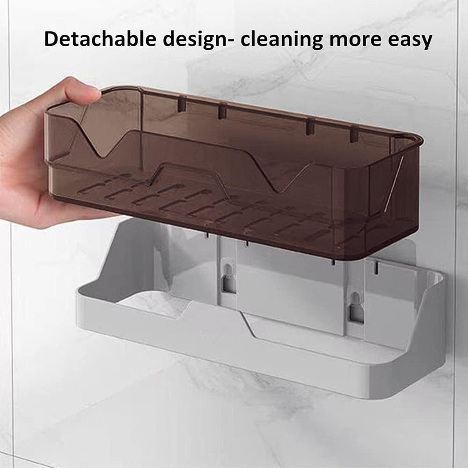 Storage shelf adhered to wall holding various items
