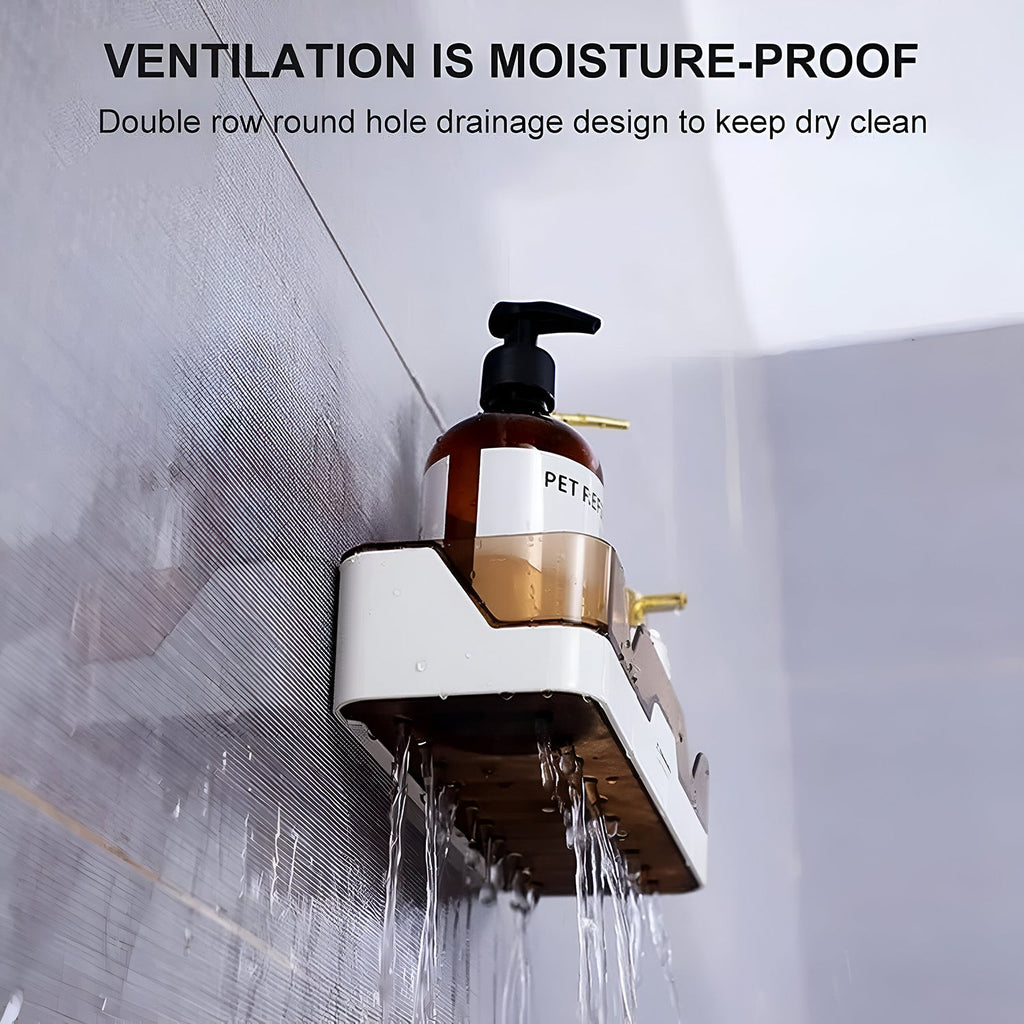 Close-up of self adhesive wall mounted plastic storage shelf