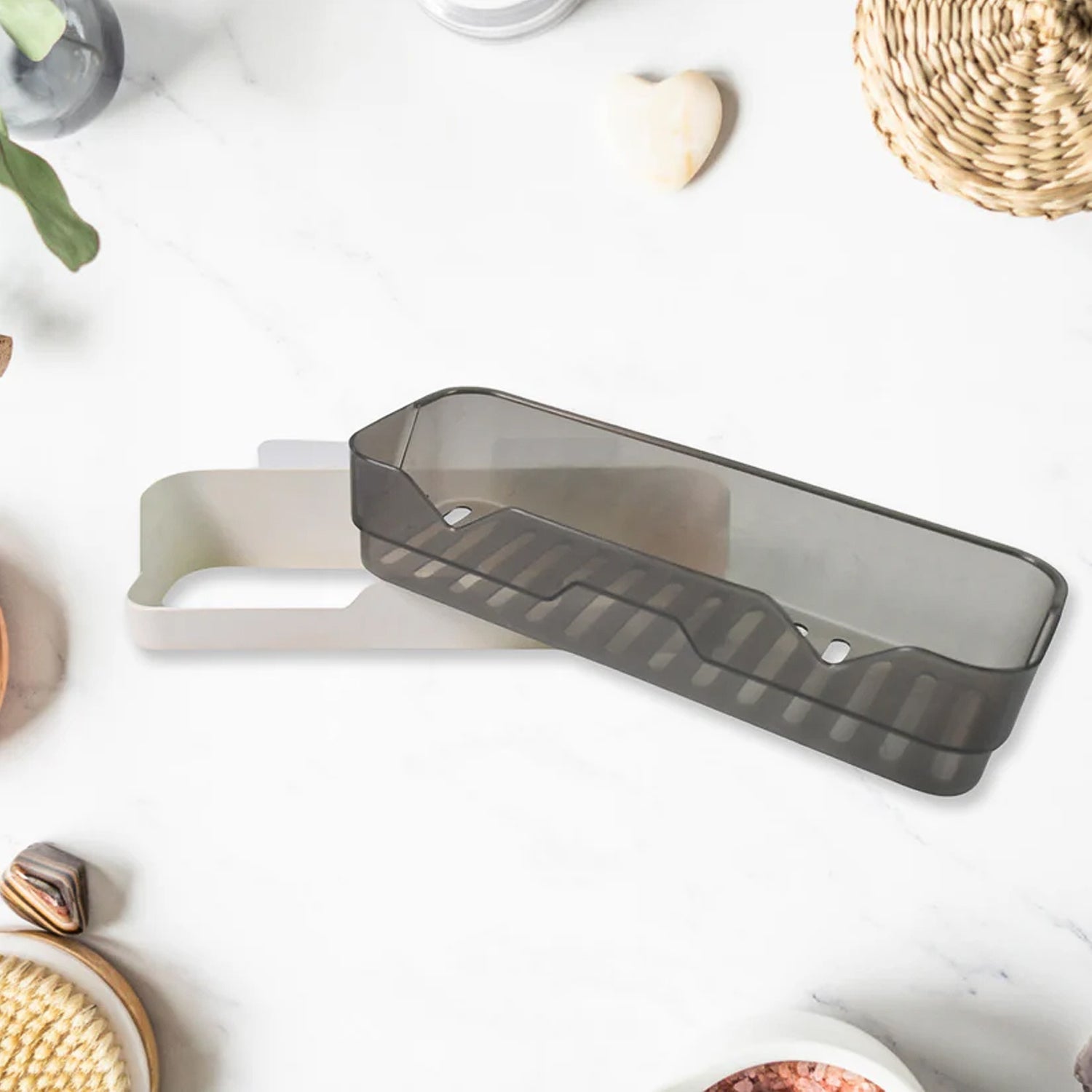 Detail of wall mounted durable plastic storage shelf