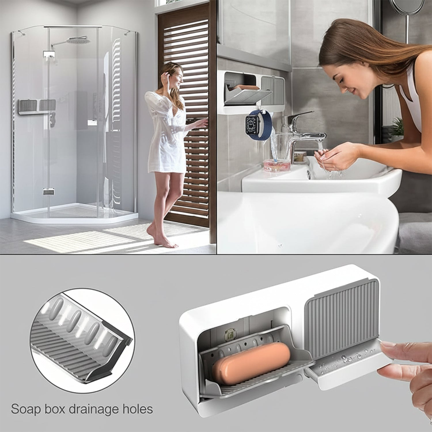 Flip-open soap holder in wall mounted bathroom storage unit