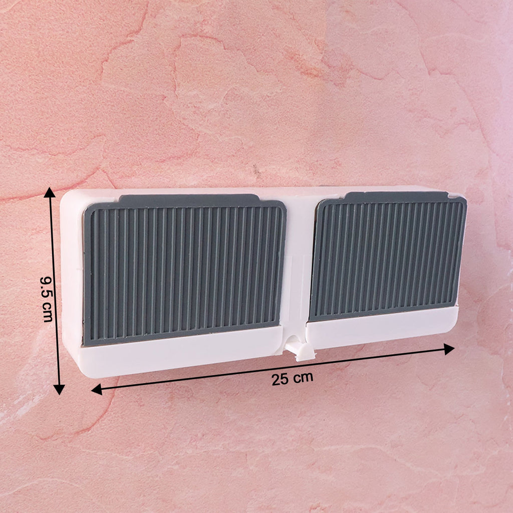 Side view of wall mounted soap holder and bathroom storage unit