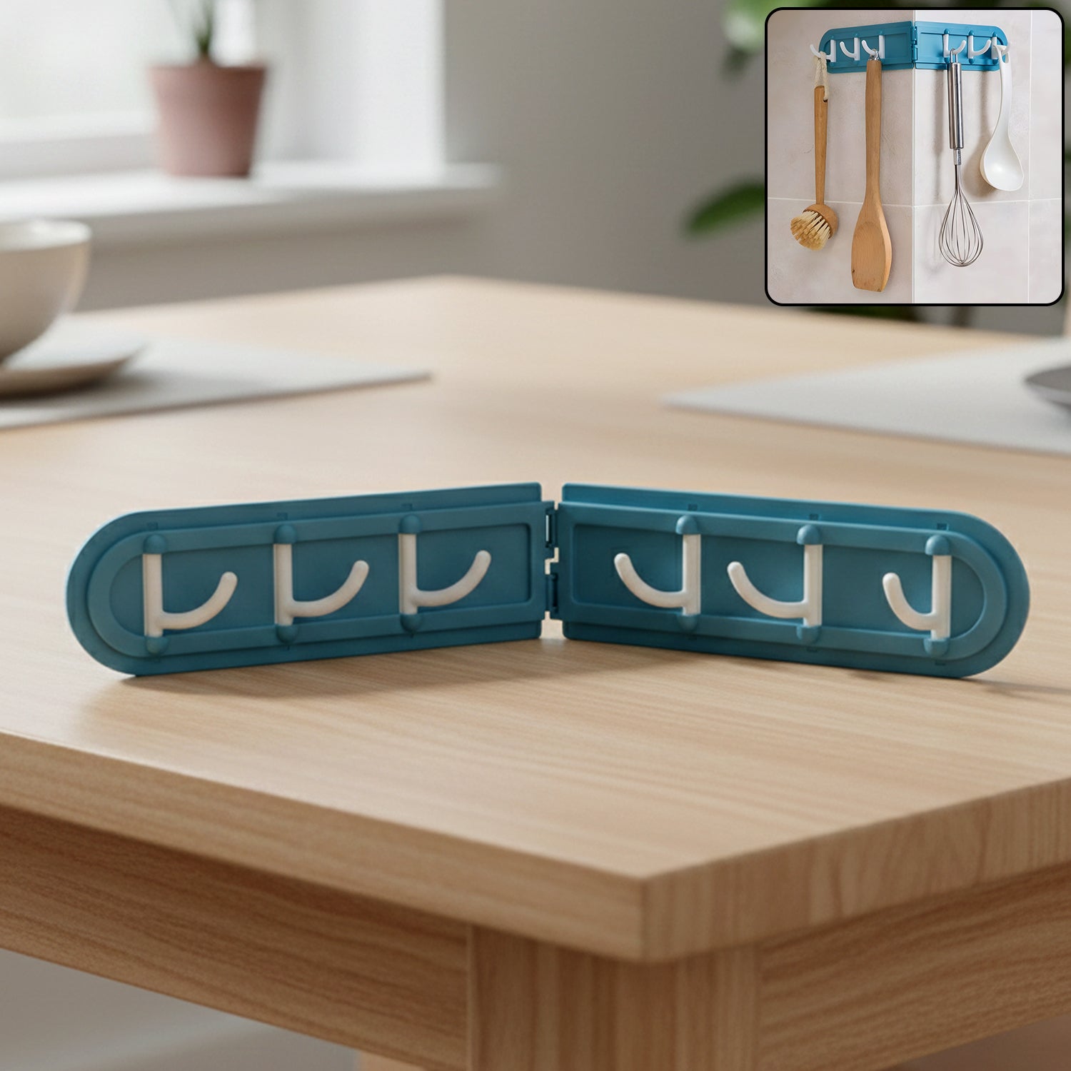Foldable rotating wall-mounted hook rack with six sturdy hooks for space-saving storage
