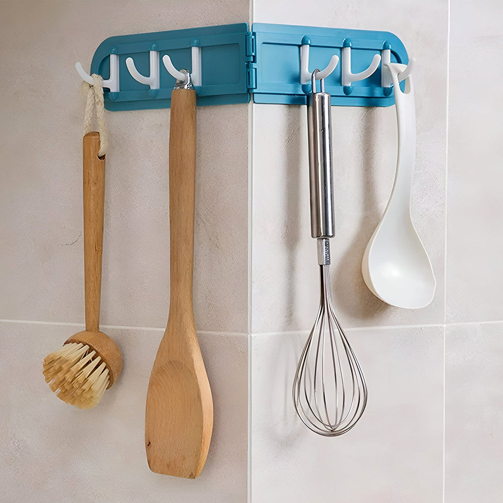 Close-up of rotating foldable wall-mounted hook rack showing hook detail