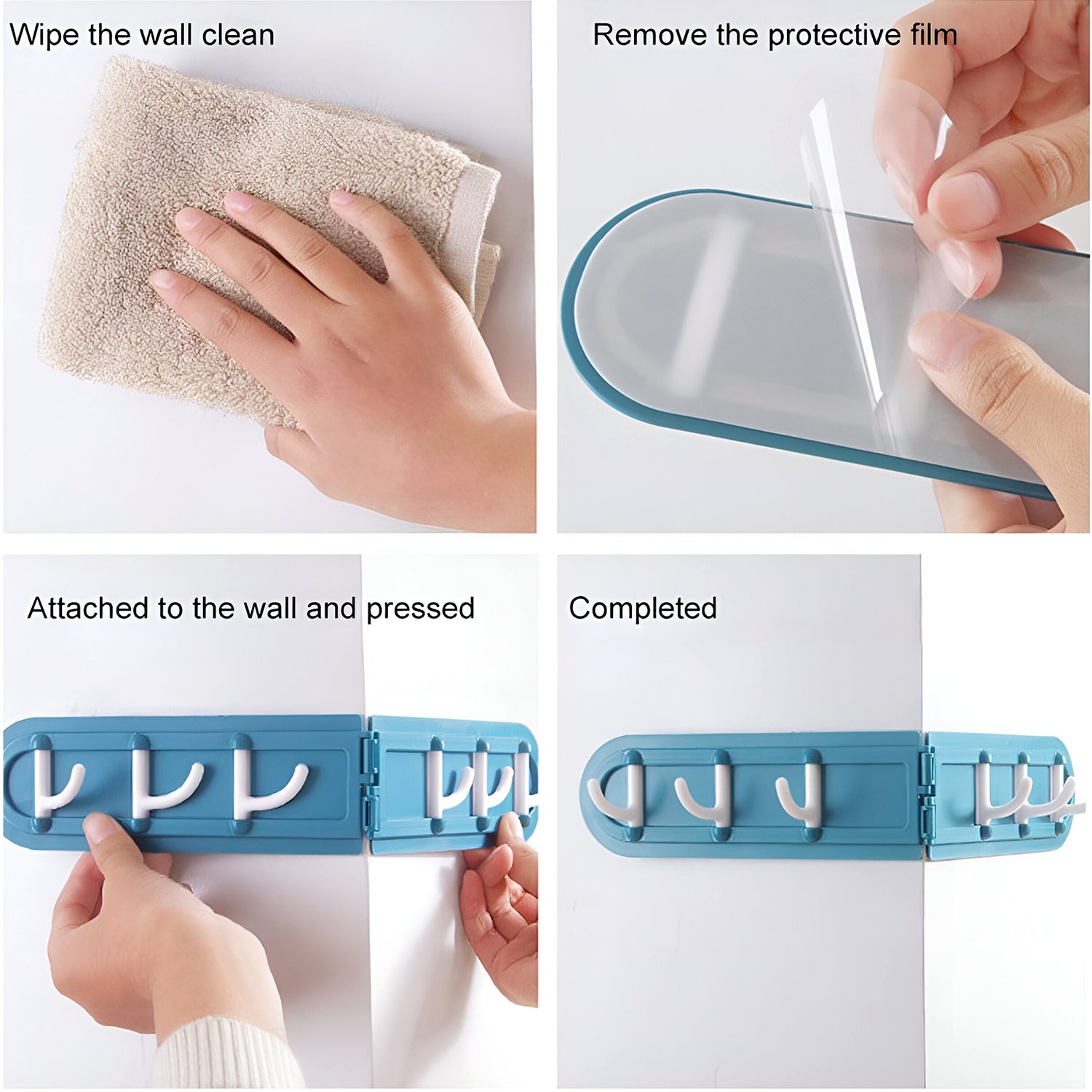 Wall-mounted foldable hook rack holding kitchen towels and cooking utensils