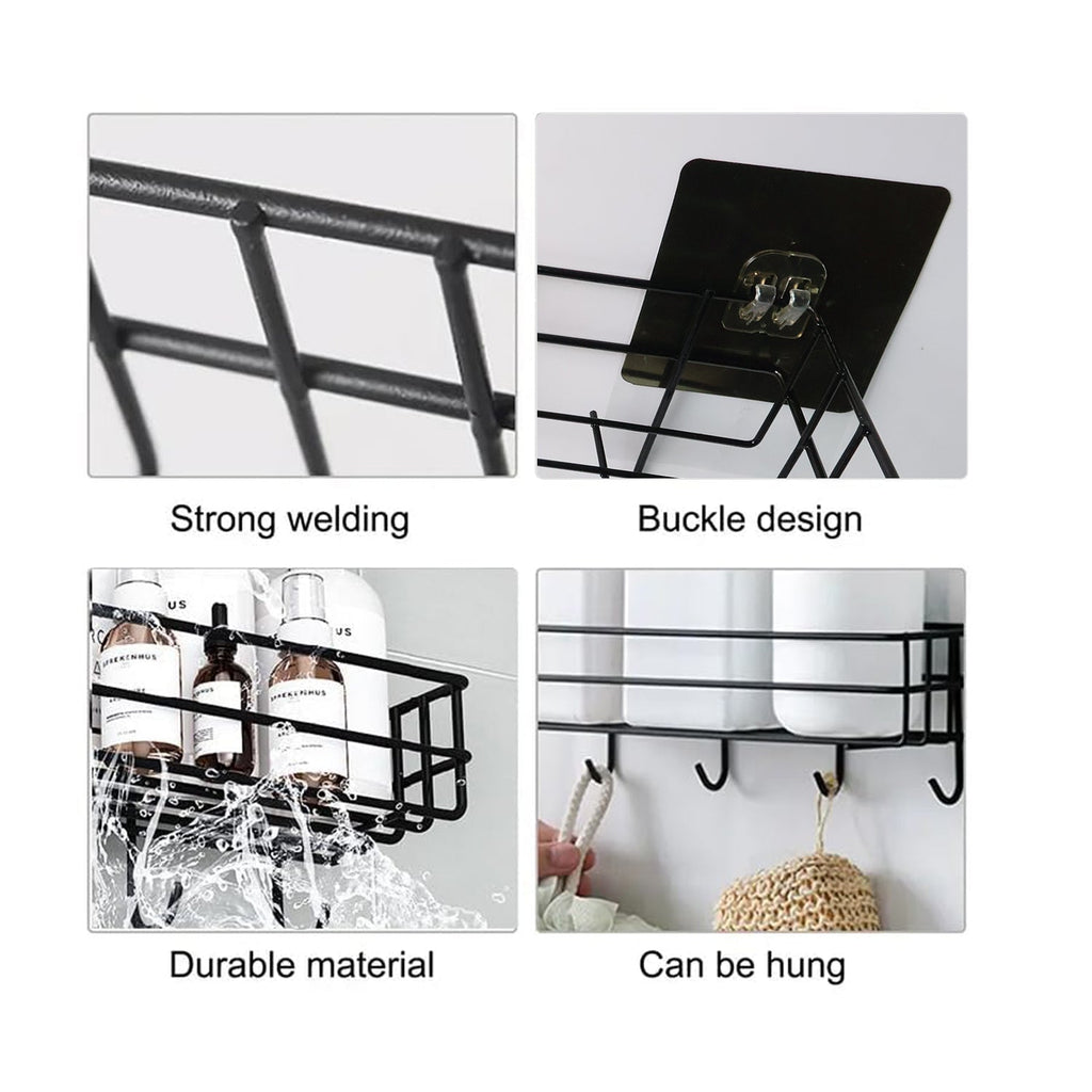 Self-adhesive metal storage basket firmly mounted on bathroom wall