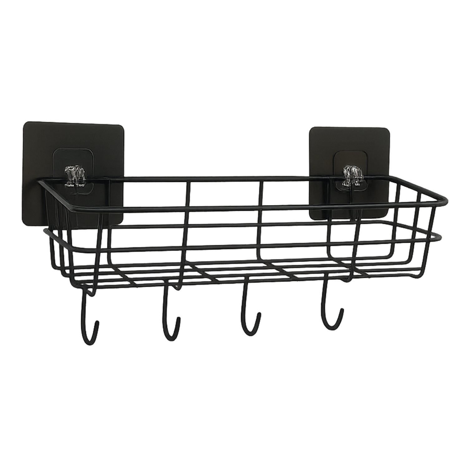 Close-up of basket hooks holding towels and loofahs efficiently