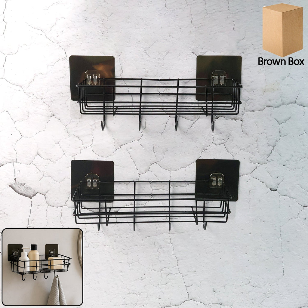 Pack of two self-adhesive wall storage baskets with hooks mounted on bathroom wall