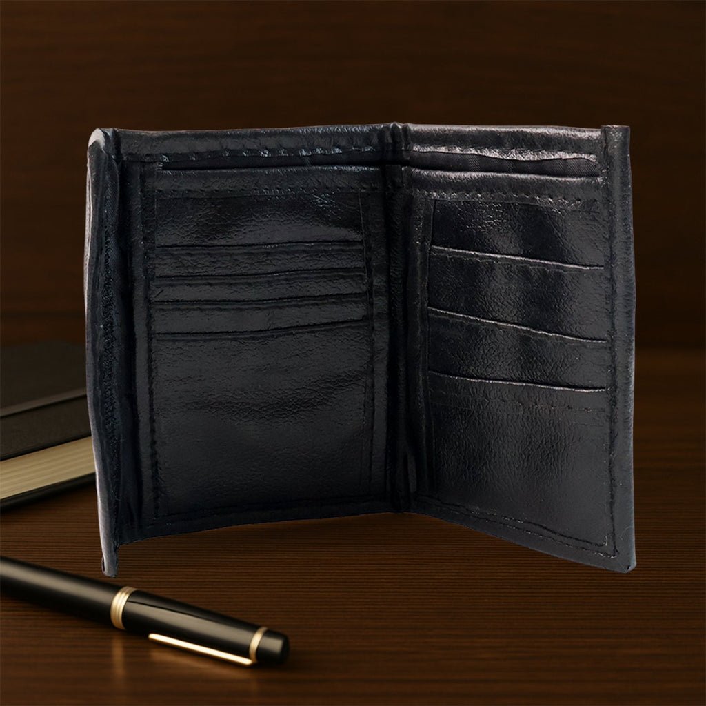 Close-up of stitching detail on genuine leather slim bi-fold wallet