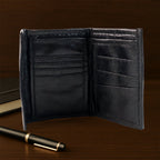 Close-up of stitching detail on genuine leather slim bi-fold wallet