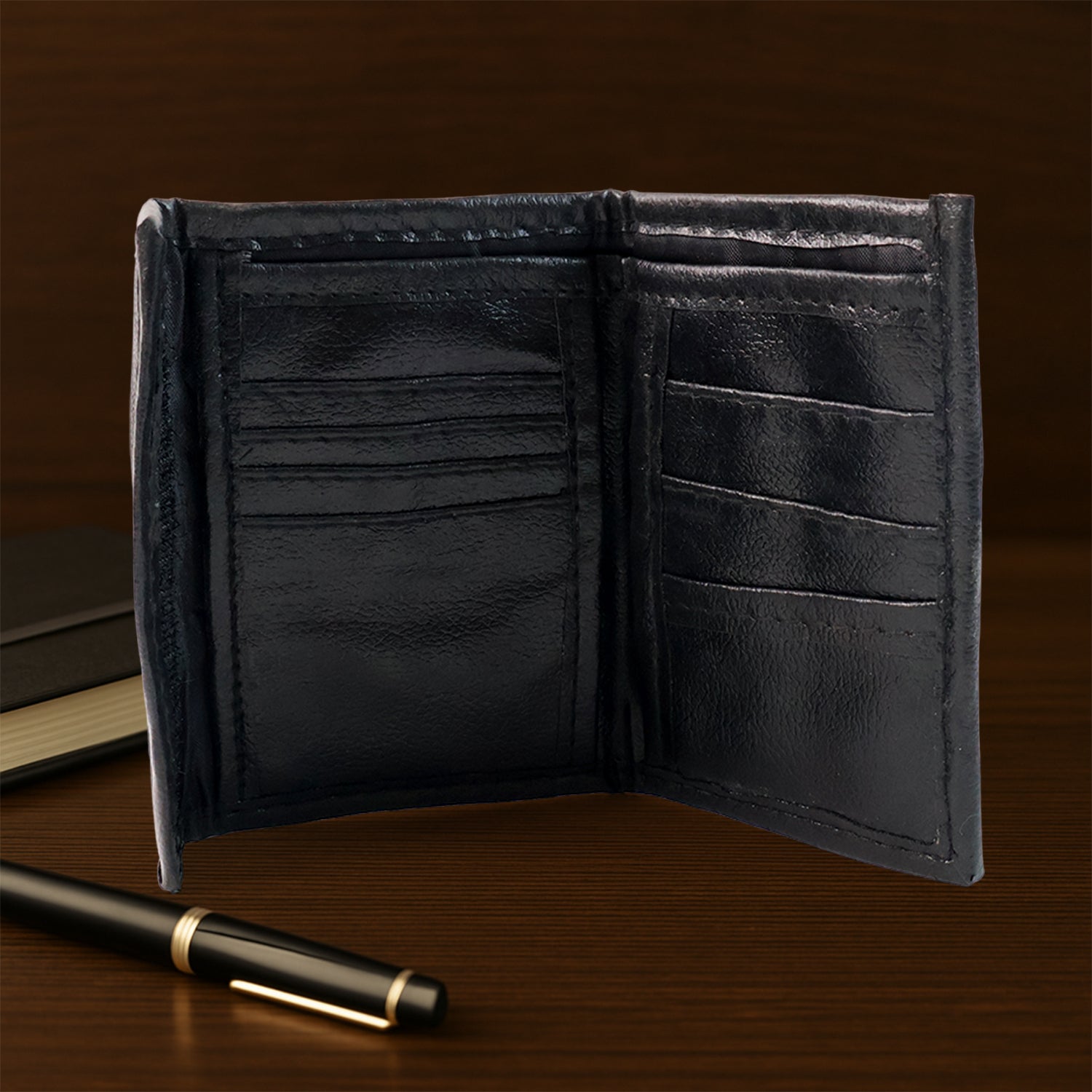 Close-up of stitching detail on genuine leather slim bi-fold wallet
