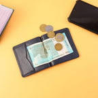 Compact slim bi-fold wallet showing multiple card slots and coin pocket