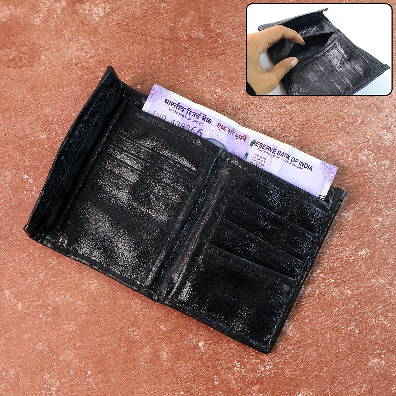 Side view of genuine leather slim bi-fold wallet showing slim profile
