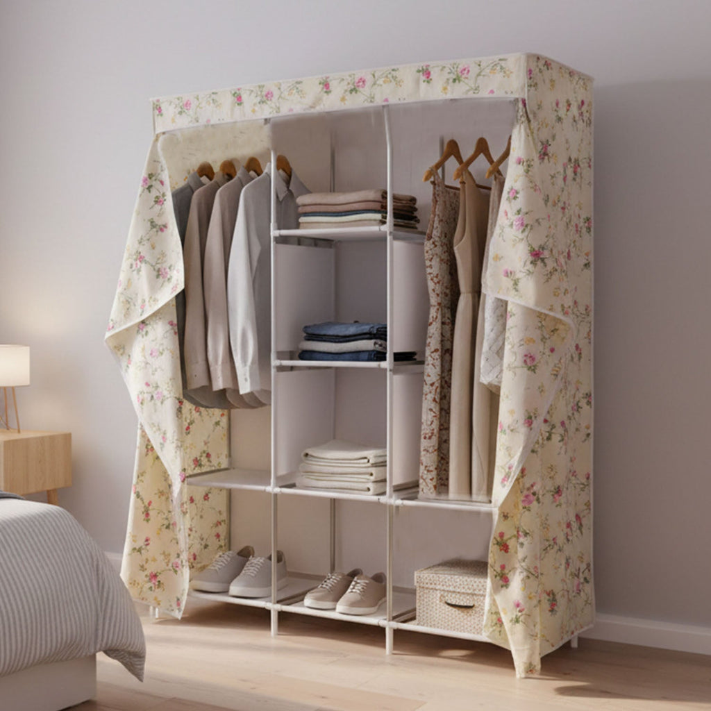 Space-saving wardrobe organizer with hanging rods and fabric cover
