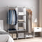Clothes organizer closet featuring multiple shelves for folded items