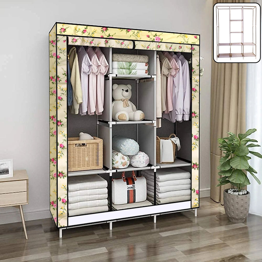 Portable fabric wardrobe closet with 8 spacious compartments for storage