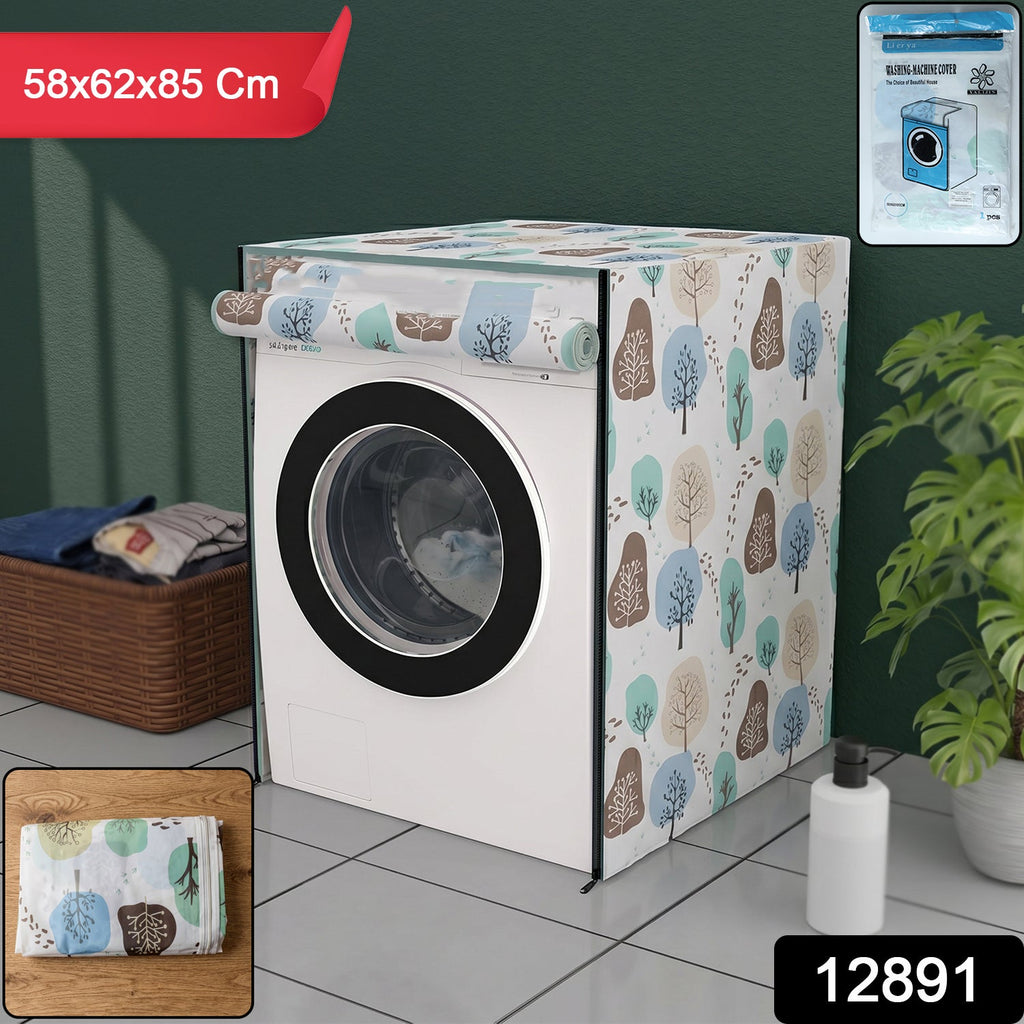 Front view of a white PEVA washing machine cover with a zipper design.