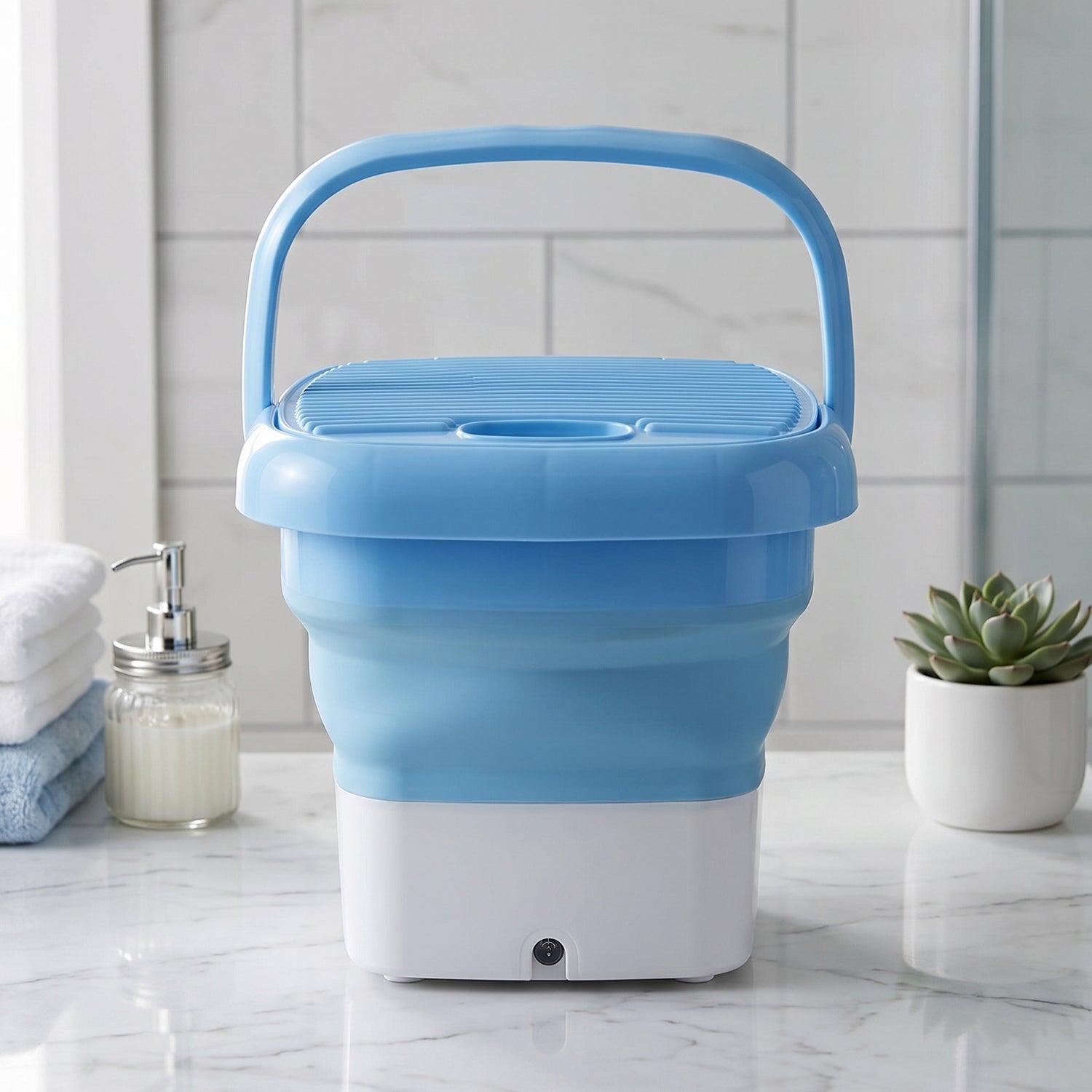 The compact folding washing machine fitting perfectly in a small bathroom space.