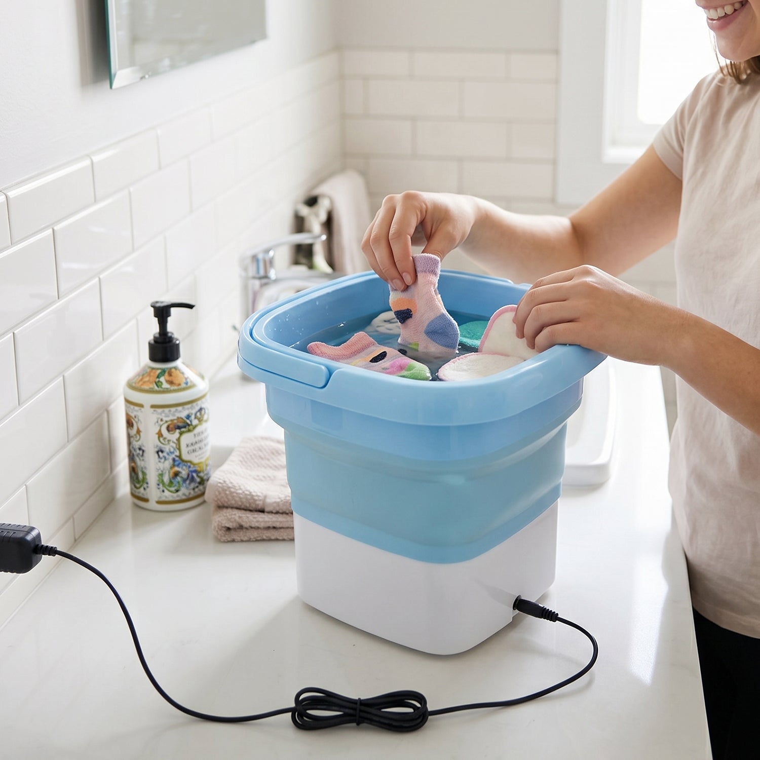 Top-down view of the Portable Folding Washing Machine with lid open for loading.
