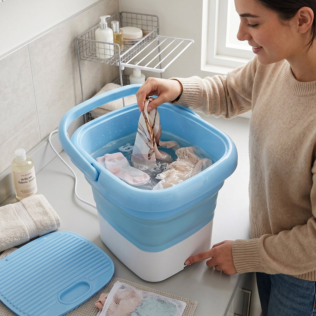 Inside view of the Mini Portable Washing Machine actively cleaning delicate clothes.