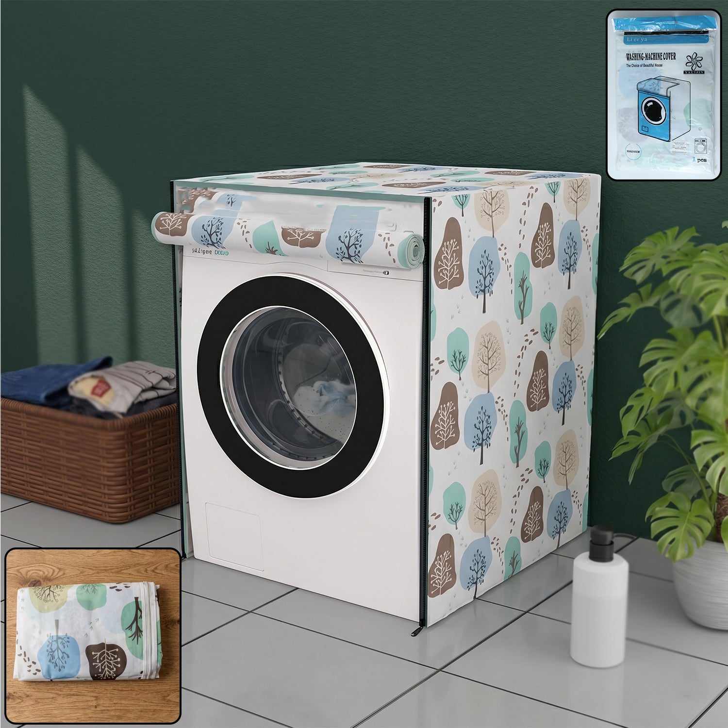 Dustproof washing machine cover, 58x62x85 cm, protecting a front-load appliance.