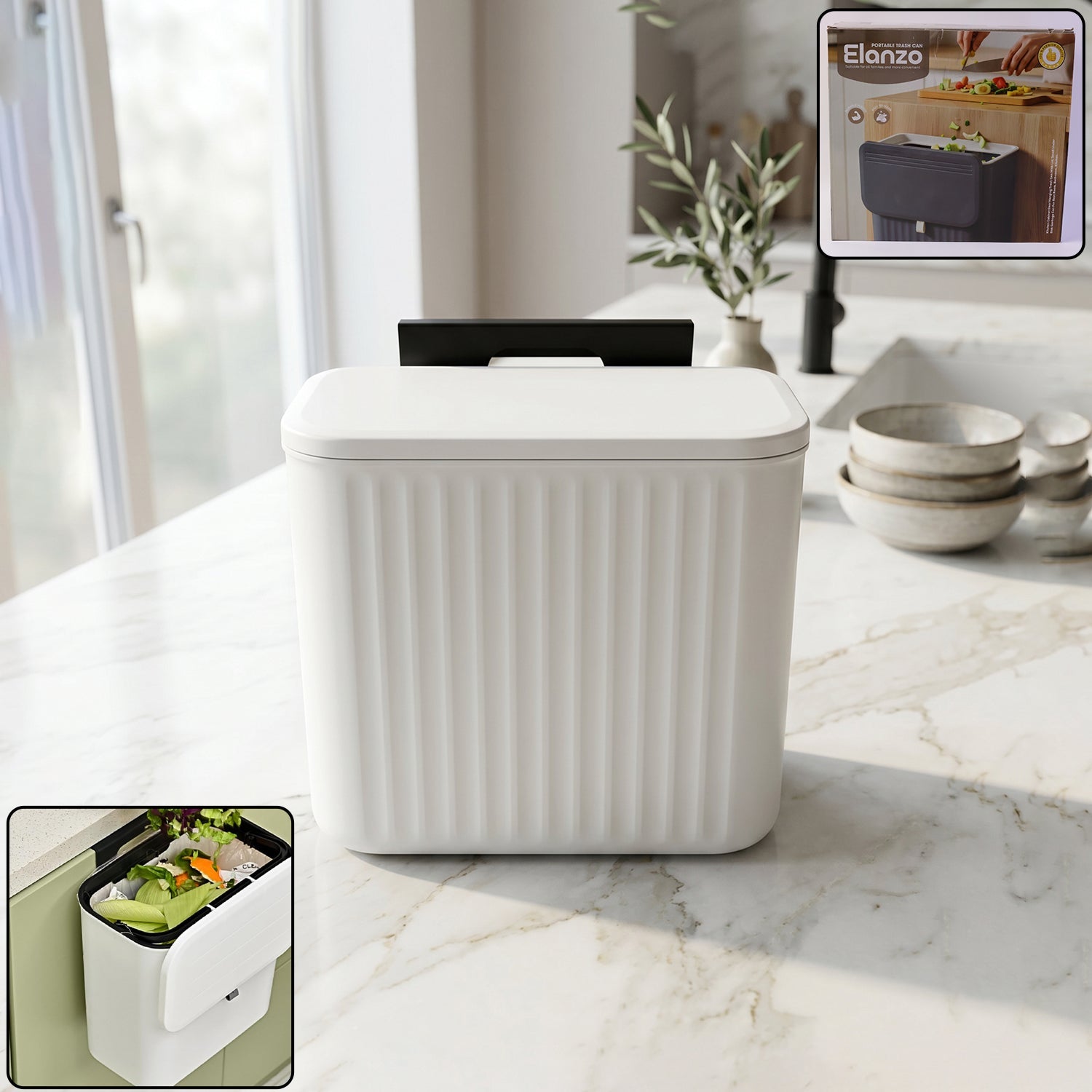 Front view of portable plastic dustbin with lid
