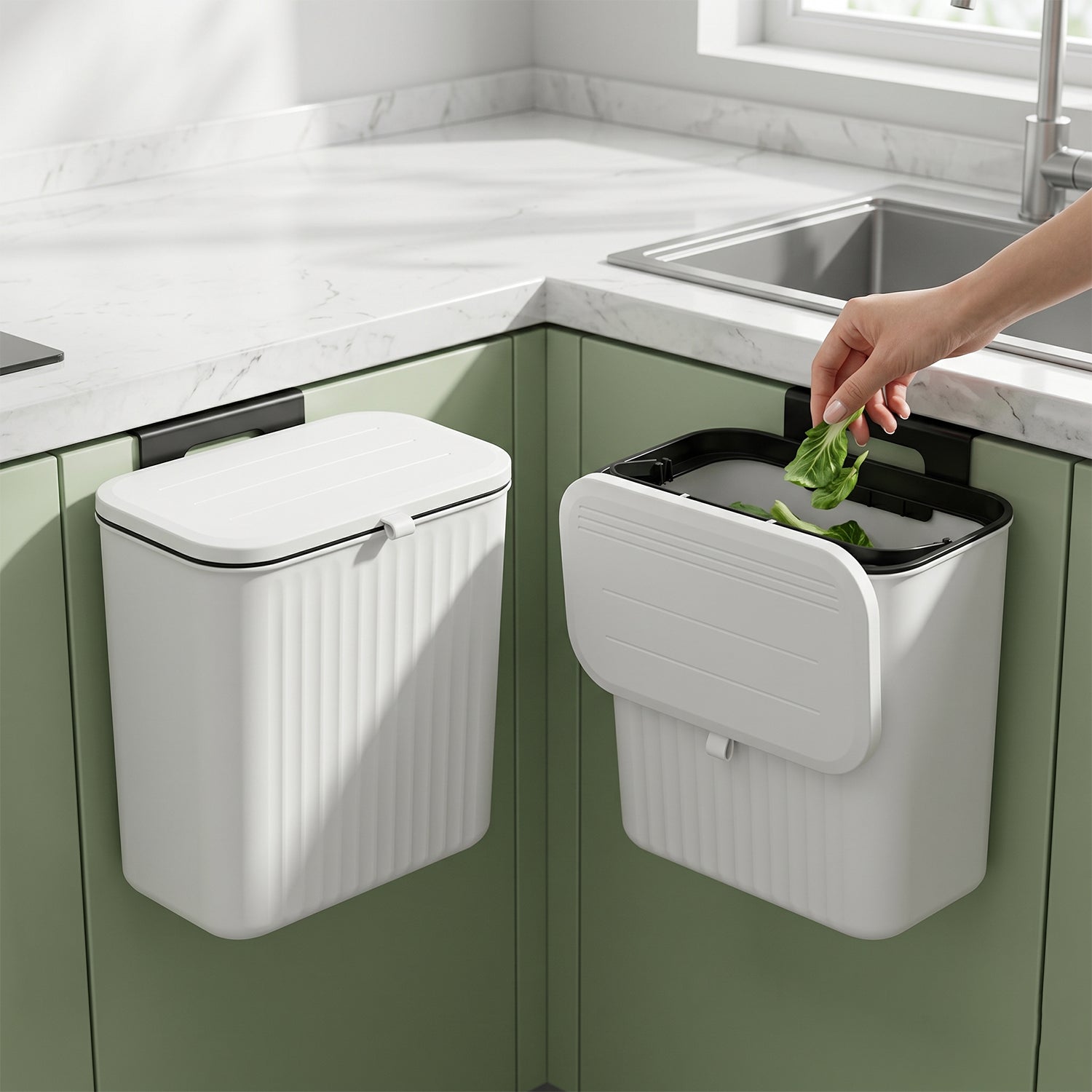 Kitchen dustbin on countertop with lid