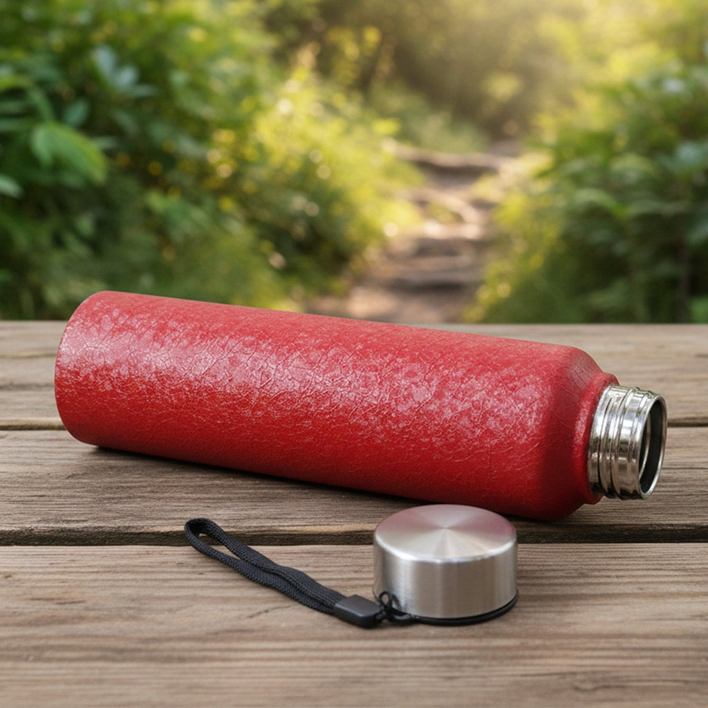 Red stainless steel water bottle featuring leakproof screw cap