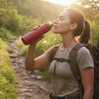 Close-up of label on insulated stainless steel water bottle in red color