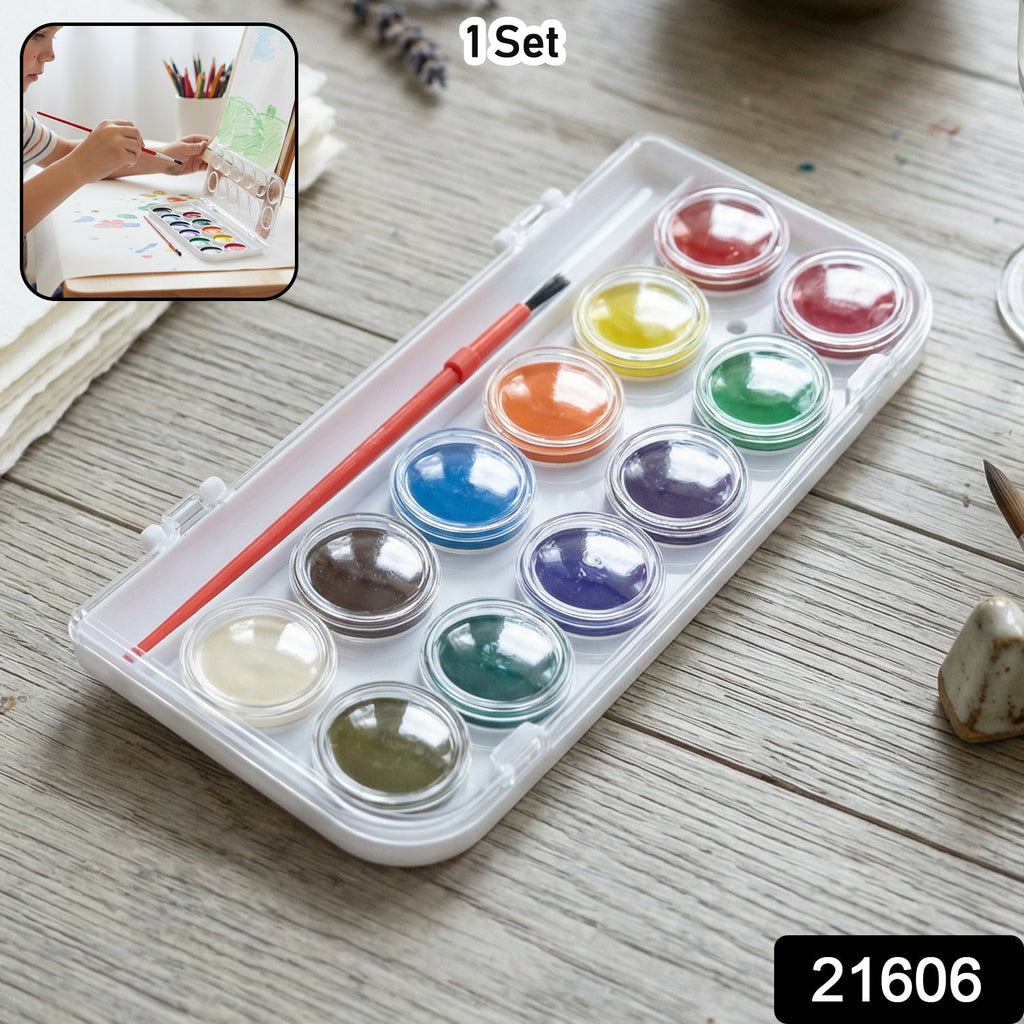 Portable watercolour paint set with 12 vibrant shades and brush for kids