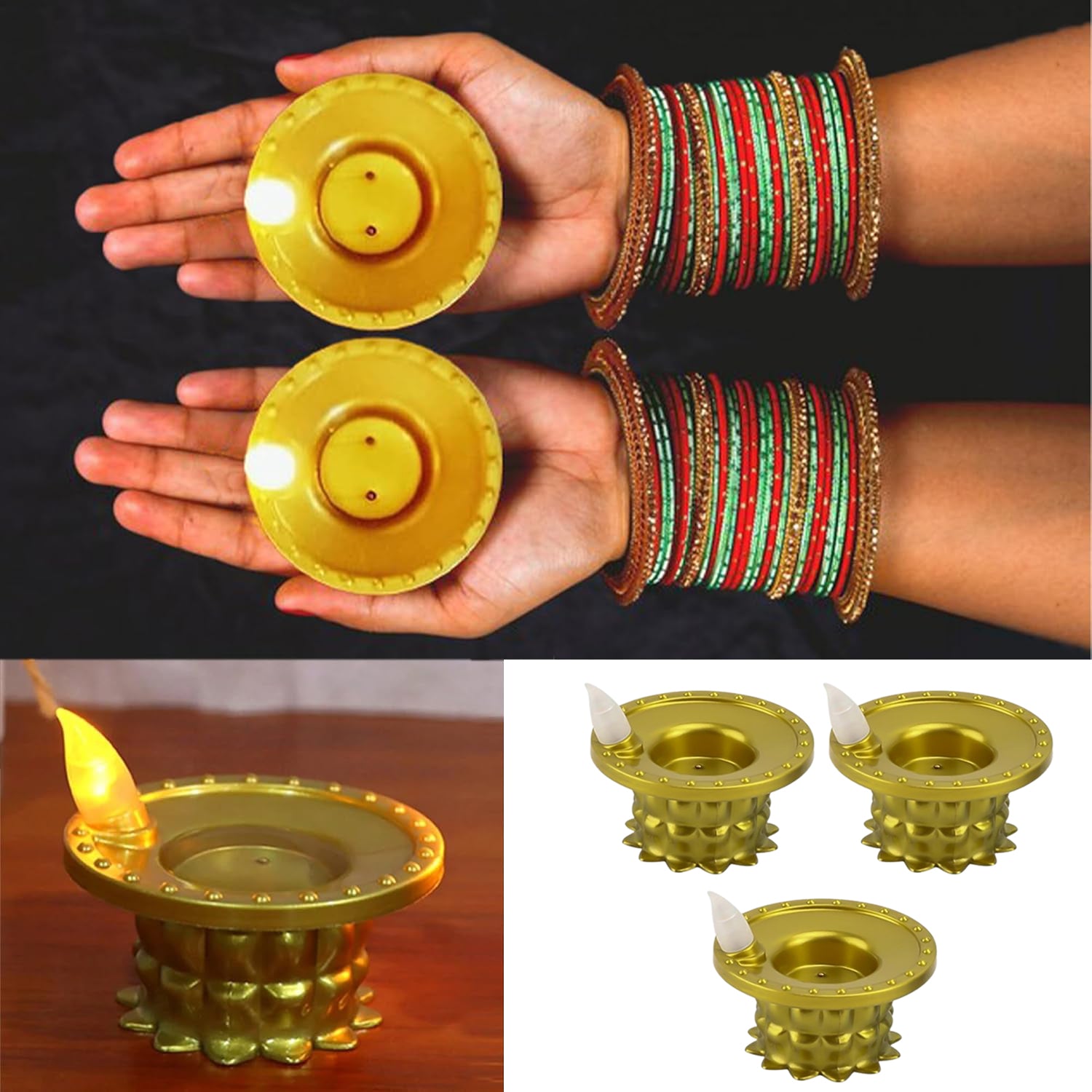 Group of golden decorative diyas creating a serene and festive ambiance.