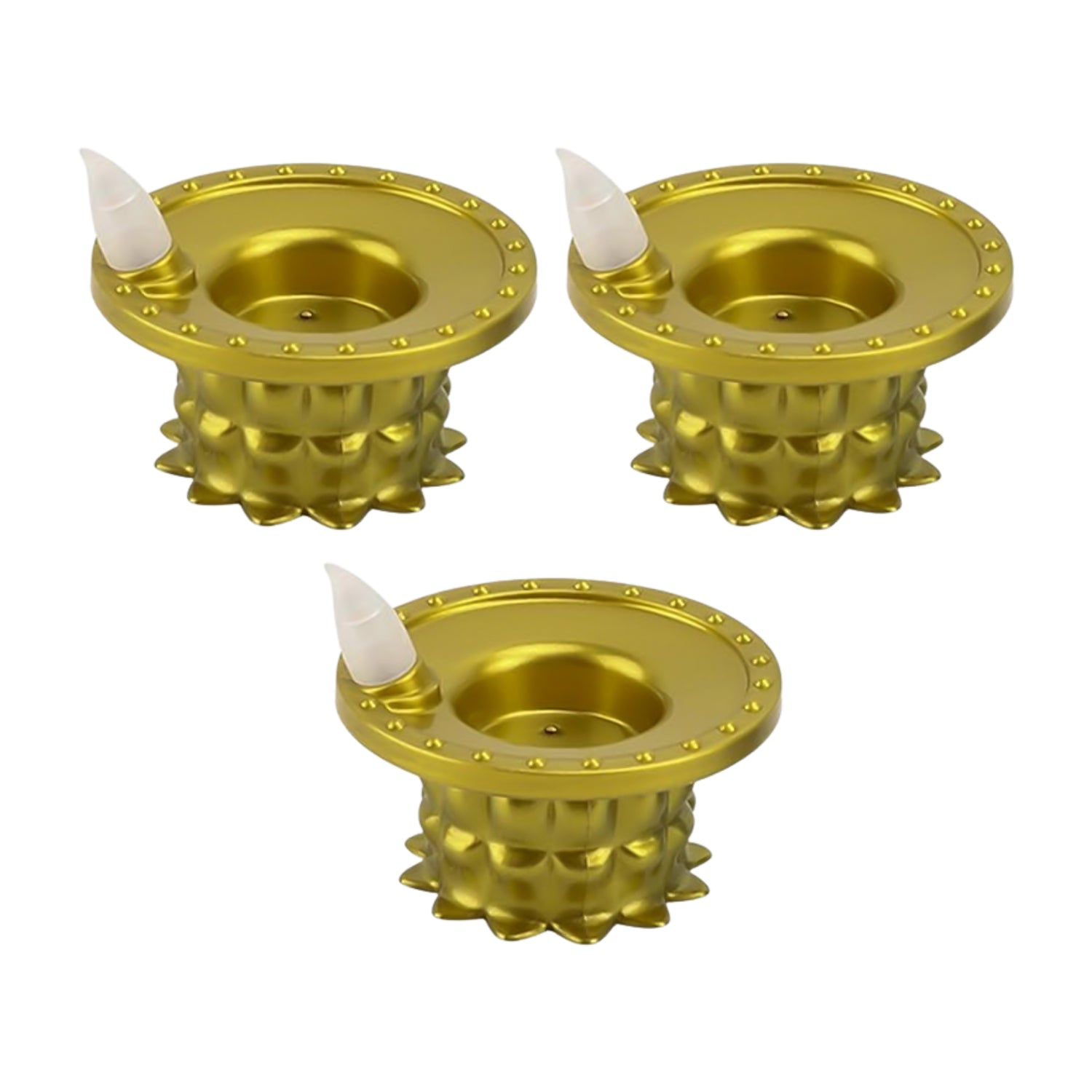 Three golden flameless LED diyas with a traditional design.