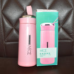 Feature showcase of pink 400ml leakproof glass water bottle