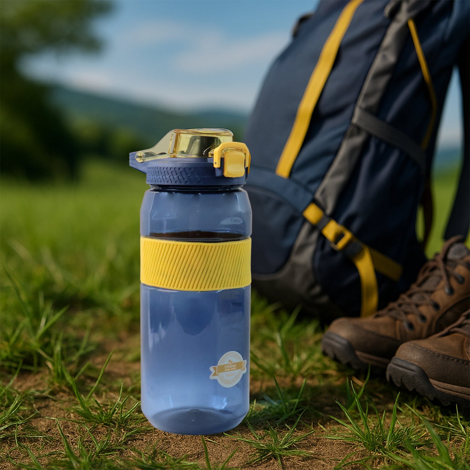 Sports water bottle with flip lock lid open for easy sipping