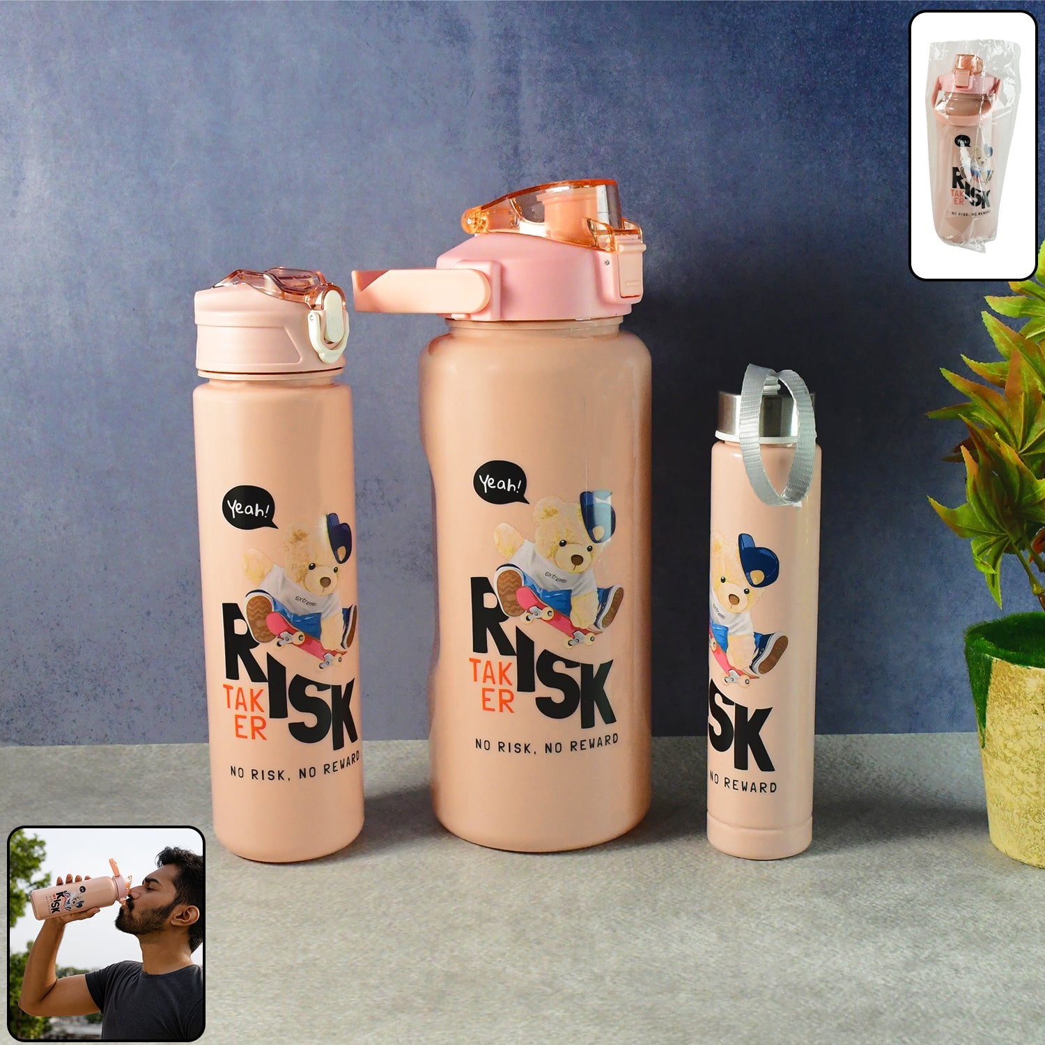 Cartoon printed water bottle set featuring 2 L jug, 900 ml sipper, and 300 ml slim bottle