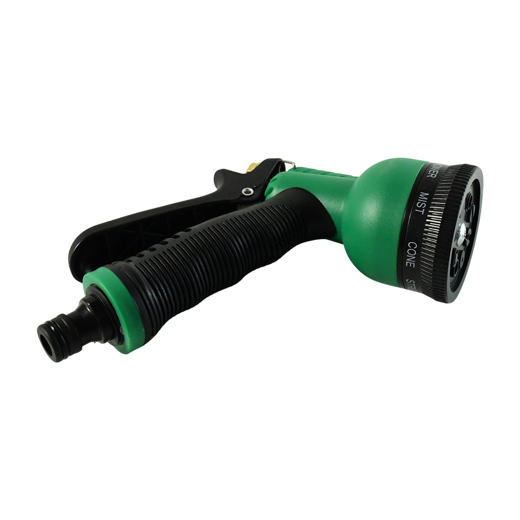 Heavy-duty water spray gun attached to garden hose for outdoor cleaning