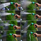 Close-up of garden hose spray nozzle spraying water in adjustable pattern