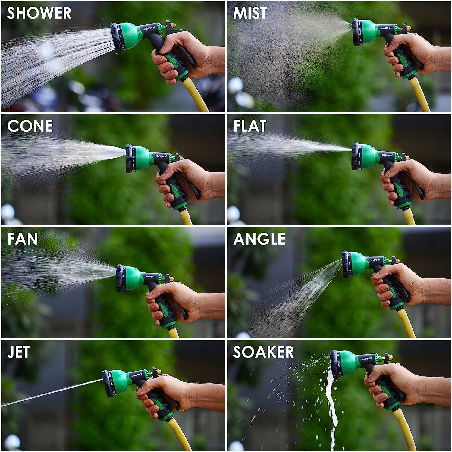Close-up of garden hose spray nozzle spraying water in adjustable pattern