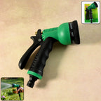 Multi-pattern garden hose spray nozzle showing trigger control and dial