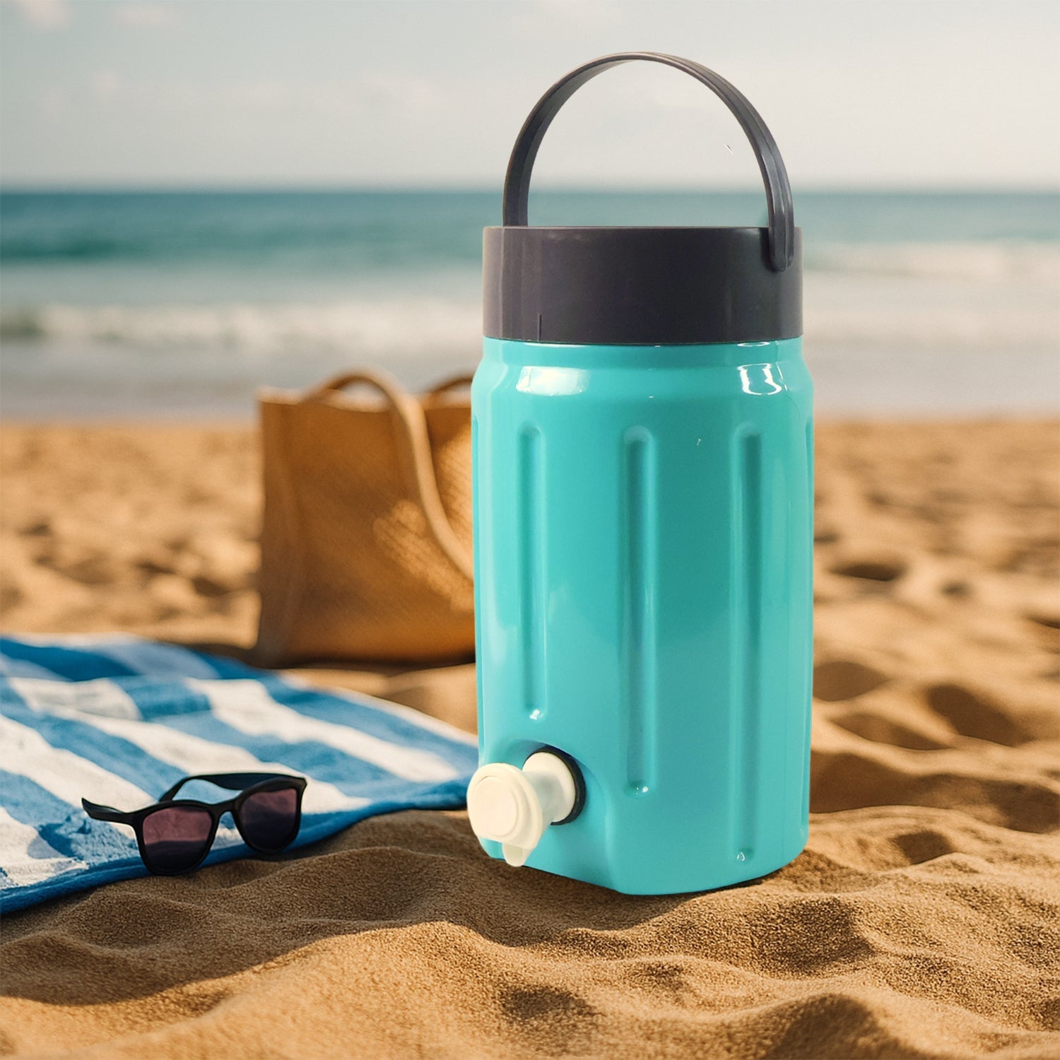 Side view of 2 litre insulated water jug with handle and tap