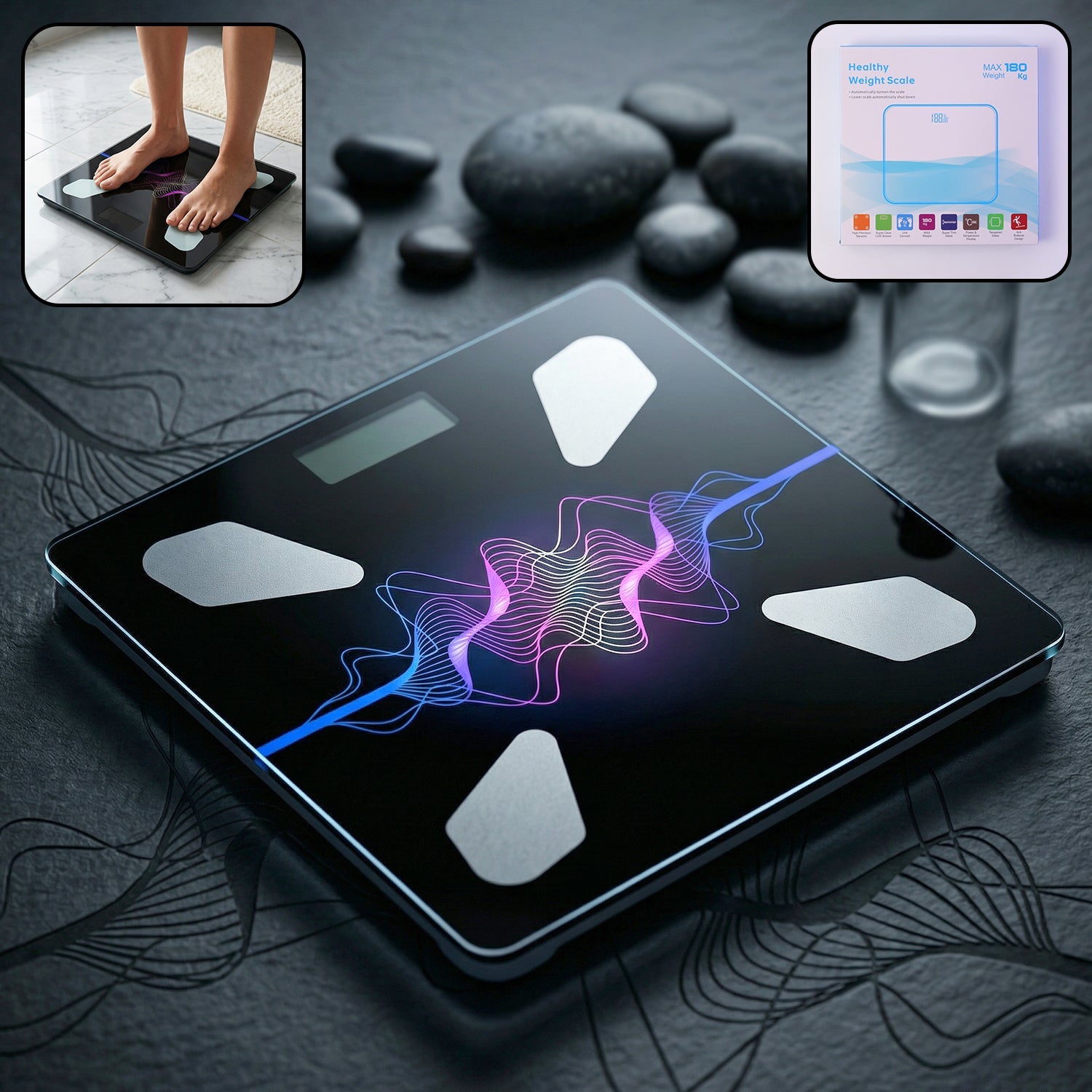 Digital weighing scale showing a zero reading on its clear LCD display, ready for use.