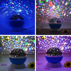 Star projector night lamp casting stars and moon patterns on a wall.