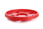 Red plastic gas cylinder trolley with a cylinder, showcasing movable wheels.
