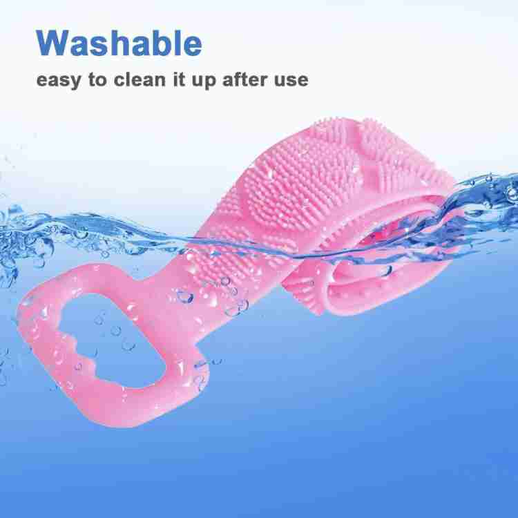 Long silicone body cleaning strap extending to reach the entire back.