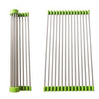 Stainless steel kitchen sink drain rack, extended over a sink for drying dishes.