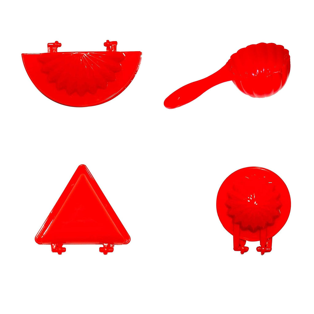 Red plastic dough press tool demonstrating how to create a dumpling.