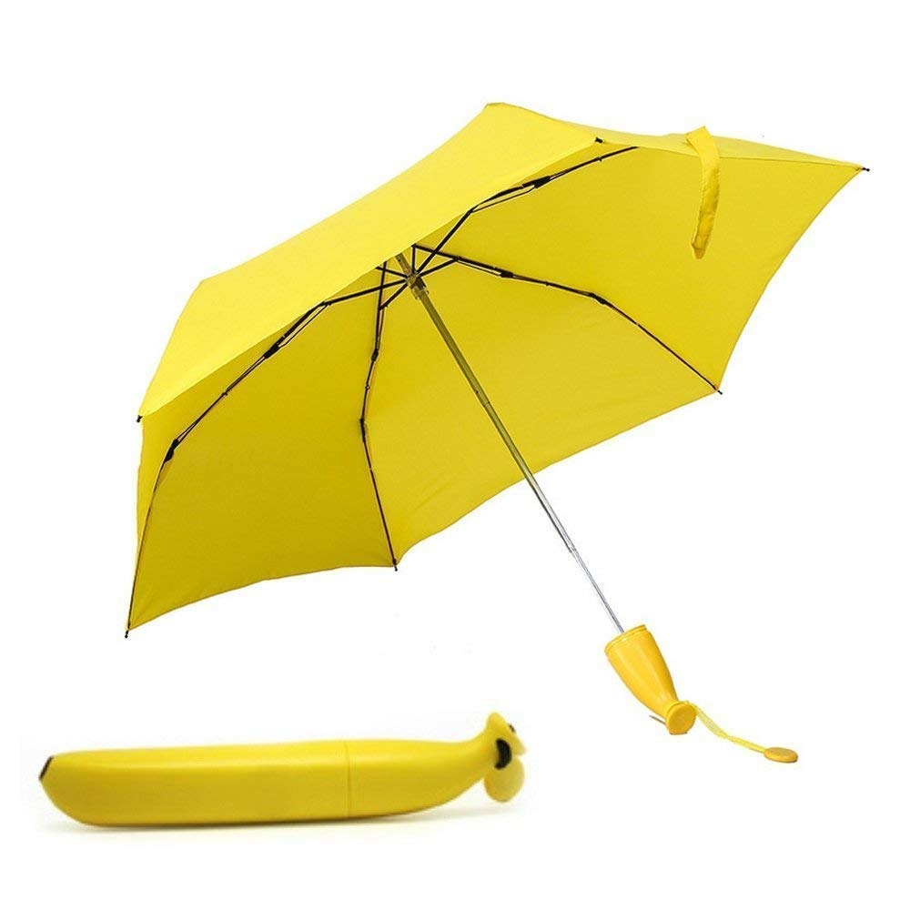 Trendy banana shaped umbrella, mini size, ready for use.